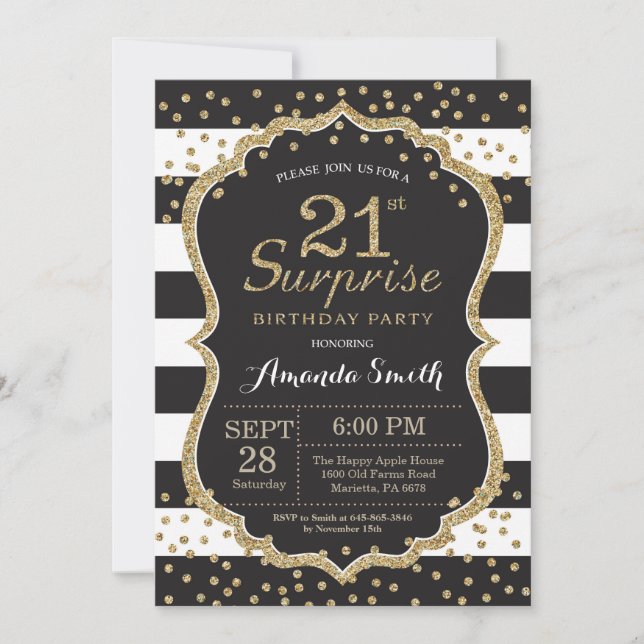 Surprise 21st Birthday Invitation. Gold Glitter Invitation (Front)