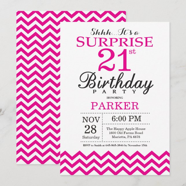 Surprise 21st Birthday Invitation Hot Pink Chevron (Front/Back)