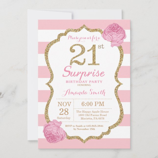 Surprise 21st Birthday Invitation Pink and Gold (Front)