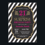 Surprise 21st Birthday Invitation Pink Black Gold<br><div class="desc">Surprise 21st Birthday Invitation for women. Pink Black and Gold Birthday Party Invite. Gold Glitter. Pink Floral Flower. Black and White Stripes. Printable Digital. For further customisation,  please click the "Customise it" button and use our design tool to modify this template.</div>