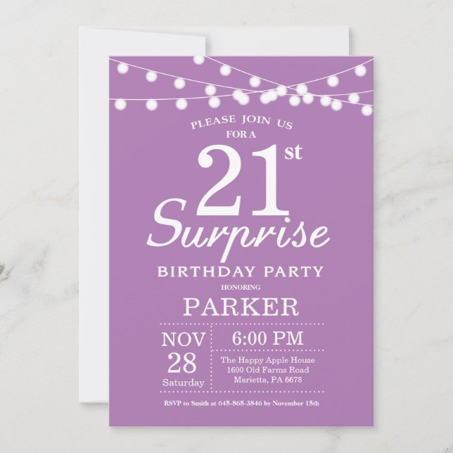 Surprise 21st Birthday Invitation Purple Lavender (Front)