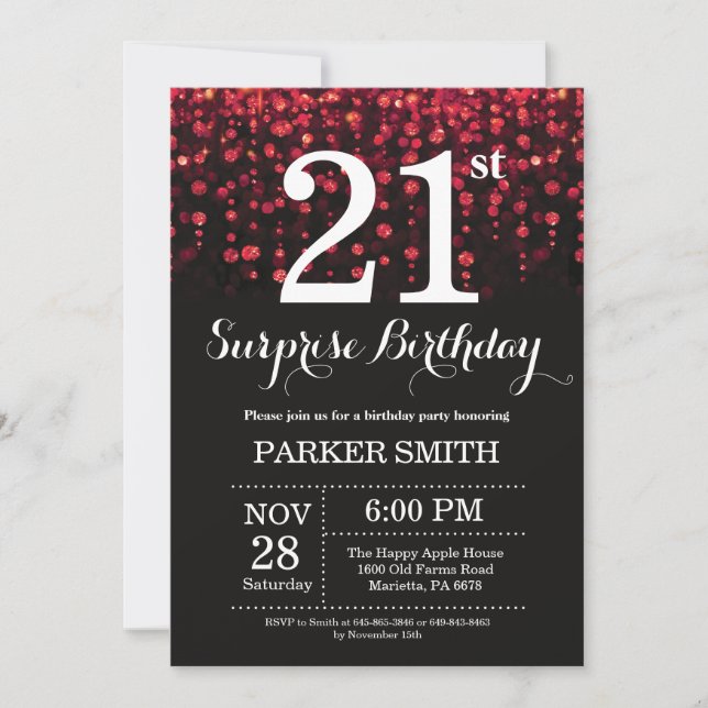 Surprise 21st Birthday Invitation Red Glitter (Front)