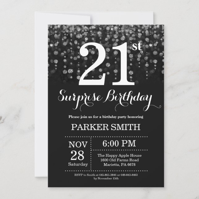 Surprise 21st Birthday Invitation Silver Glitter (Front)