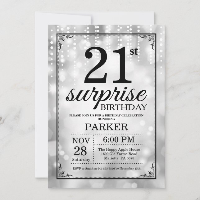 Surprise 21st Birthday Invitation Silver Glitter (Front)