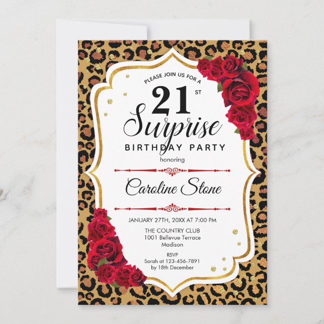 Surprise 21st Birthday - Leopard Gold White Red Invitation (Front)