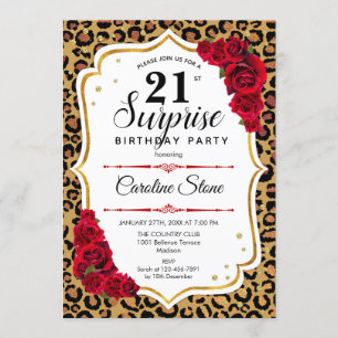 Surprise 21st Birthday - Leopard Gold White Red Invitation