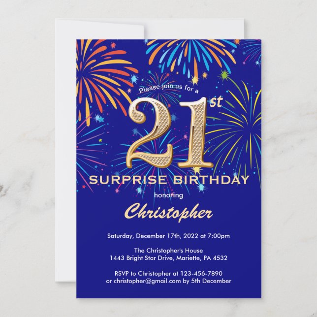 Surprise 21st Birthday Navy Blue & Gold Firework Invitation (Front)