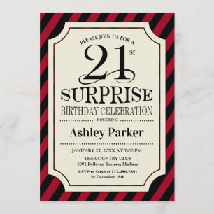 Surprise 21st Birthday Party - Black Red Stripes Invitation
