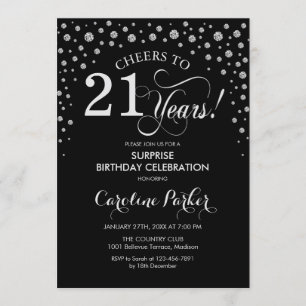 Surprise 21st Birthday Party - Black Silver Invitation