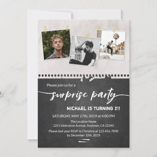 Surprise 21st birthday Party Chalkboard Photo Invitation (Front)