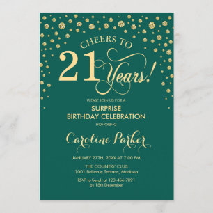 Surprise 21st Birthday Party - Emerald Green Gold Invitation