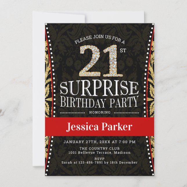 Surprise 21st Birthday Party - Gold Black Red Invitation (Front)