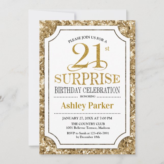 Surprise 21st Birthday Party - Gold White Invitation (Front)