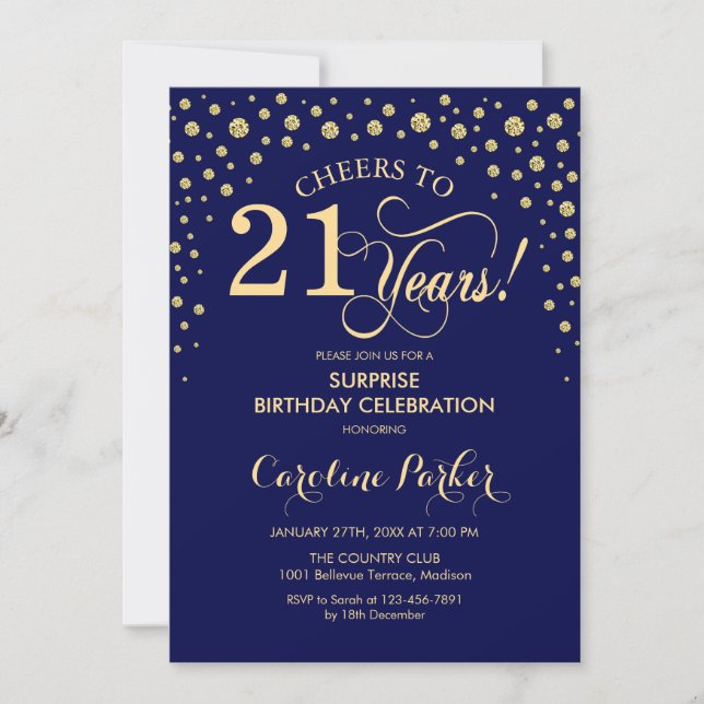Surprise 21st Birthday Party - Navy Blue Gold Invitation (Front)