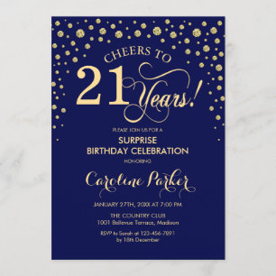 Surprise 21st Birthday Party - Navy Blue Gold Invitation