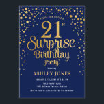 Surprise 21st Birthday Party - Navy & Gold Invitation<br><div class="desc">Surprise 21st Birthday Party Invitation.
Elegant design in navy and faux glitter gold. Features stylish script font and confetti. Message me if you need custom age.</div>