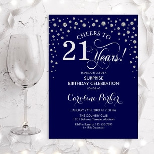 Surprise 21st Birthday Party - Navy Silver Invitation