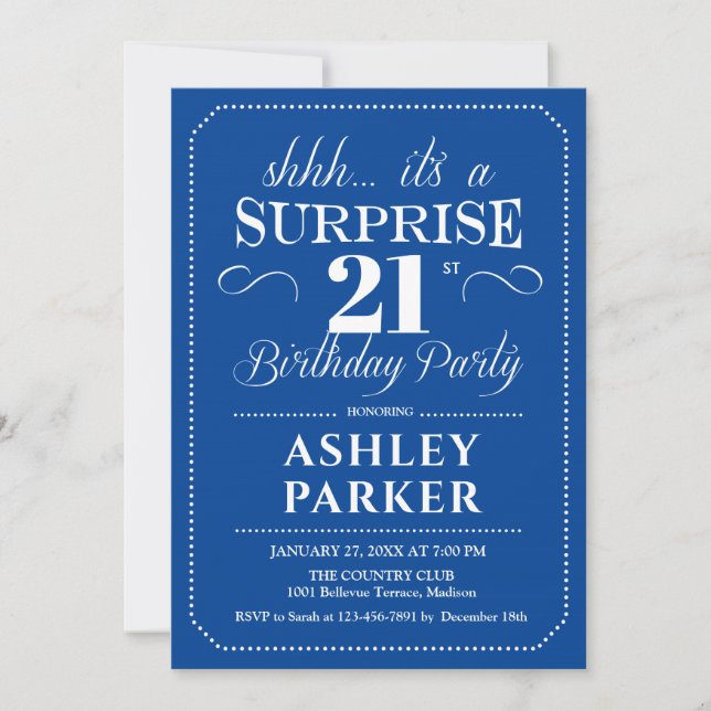 Surprise 21st Birthday Party - Navy White Invitation (Front)