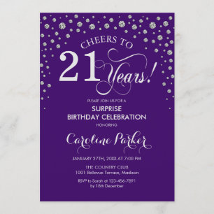 Surprise 21st Birthday Party - Purple Silver Invitation