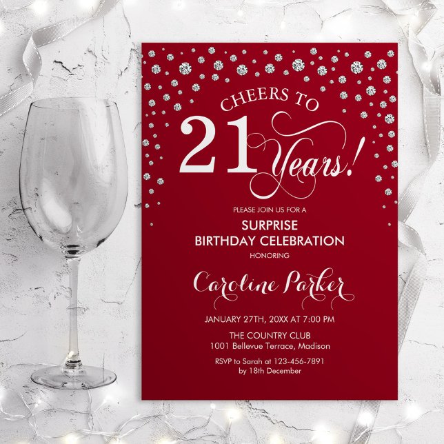 Surprise 21st Birthday Party - Red Silver Invitation (Creator Uploaded)