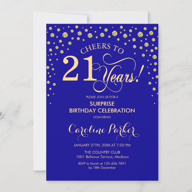 Surprise 21st Birthday Party - Royal Blue Gold Invitation (Front)