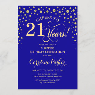 Surprise 21st Birthday Party - Royal Blue Gold Invitation