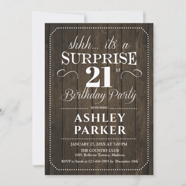 Surprise 21st Birthday Party - Rustic Wood Invitation (Front)
