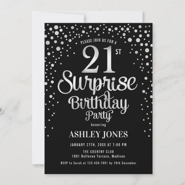 Surprise 21st Birthday Party - Silver & Black Invitation (Front)