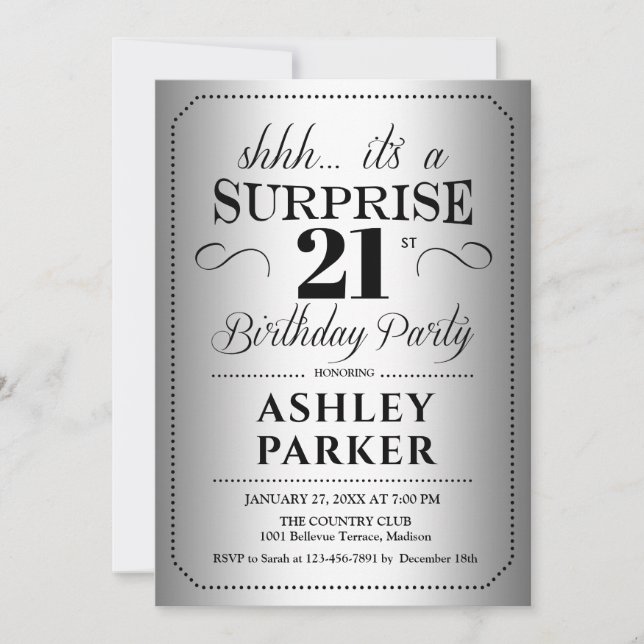 Surprise 21st Birthday Party - Silver Invitation (Front)