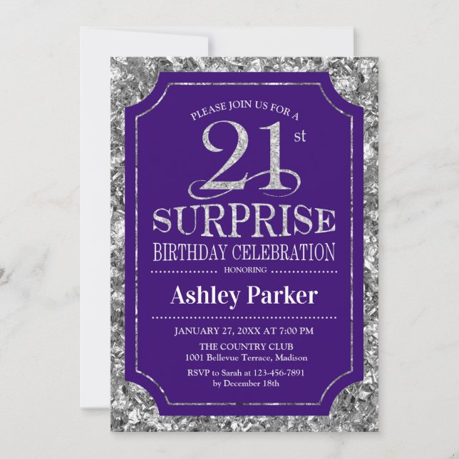 Surprise 21st Birthday Party - Silver Purple Invitation (Front)