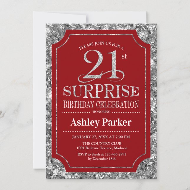 Surprise 21st Birthday Party - Silver Red Invitation (Front)