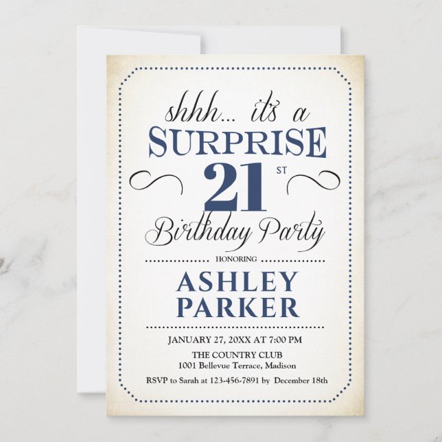 Surprise 21st Birthday Party - White Navy Invitation (Front)