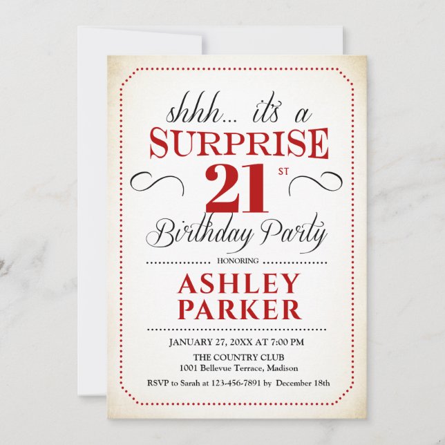Surprise 21st Birthday Party - White Red Black Invitation (Front)