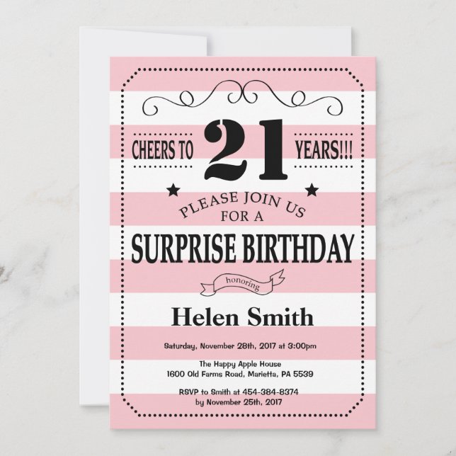 Surprise 21st Birthday Pink and White Stripes Invitation (Front)