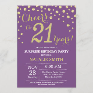 Surprise 21st Birthday Purple and Gold Diamond Invitation