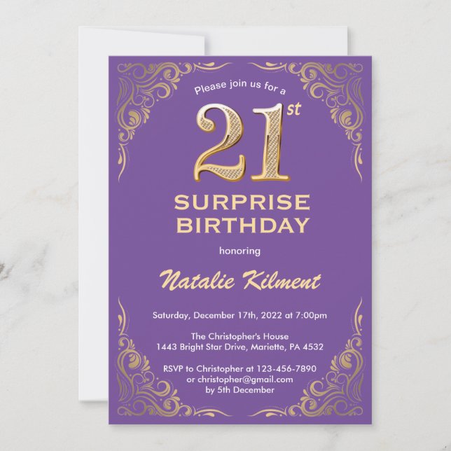 Surprise 21st Birthday Purple and Gold Glitter Invitation (Front)