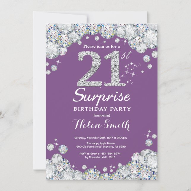 Surprise 21st Birthday Purple and Silver Diamond Invitation (Front)