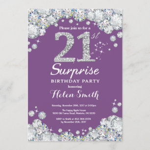 Surprise 21st Birthday Purple and Silver Diamond Invitation