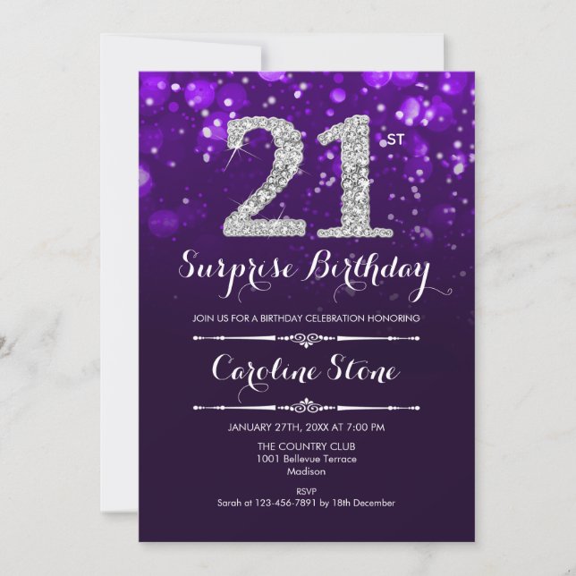 Surprise 21st Birthday - Purple Silver Invitation (Front)