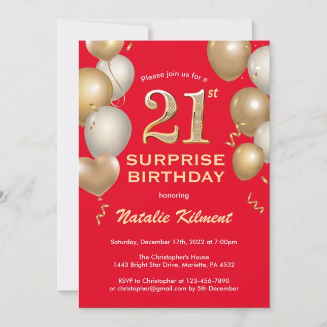 Surprise 21st Birthday Red and Gold Balloons Invitation (Front)