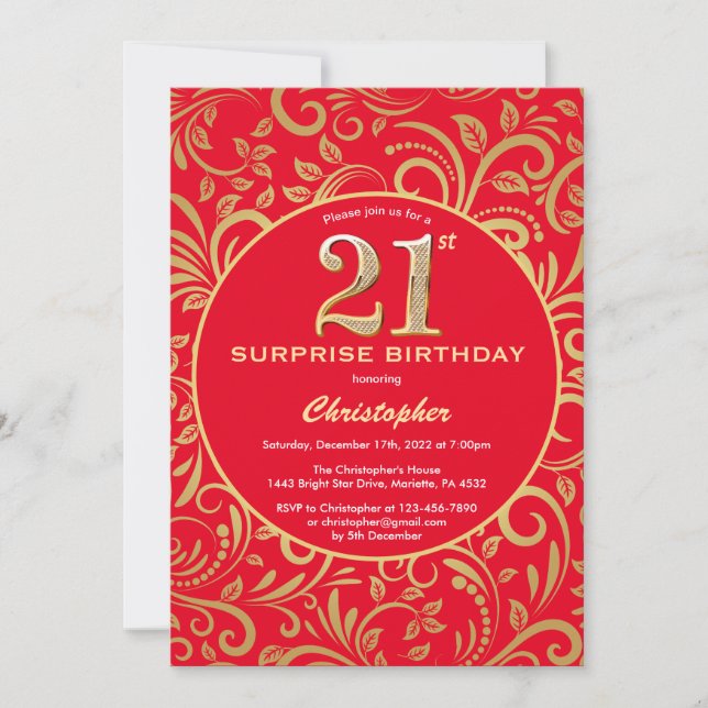 Surprise 21st Birthday Red and Gold Floral Invitation (Front)