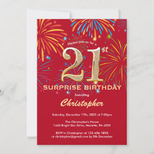 Surprise 21st Birthday Red & Gold Rainbow Firework Invitation