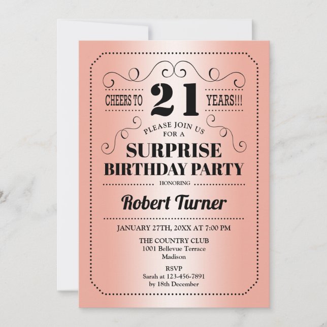 Surprise 21st Birthday - Rose Gold Black Invitation (Front)