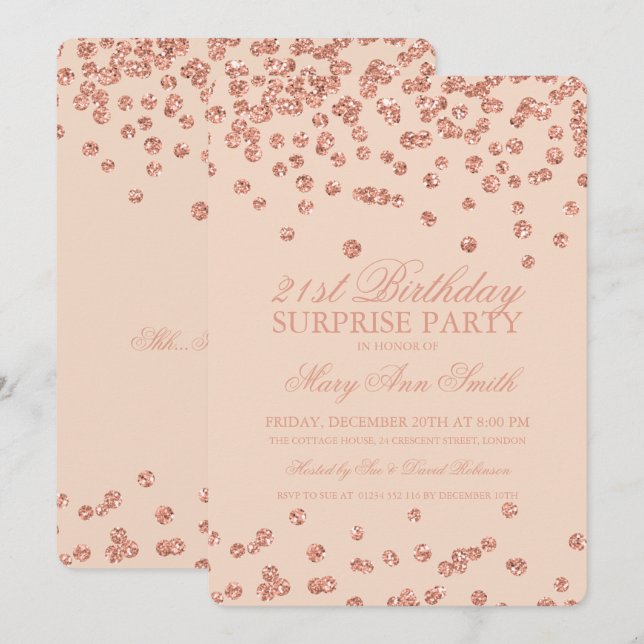 Surprise 21st Birthday Rose Gold Blush Confetti Invitation (Front/Back)