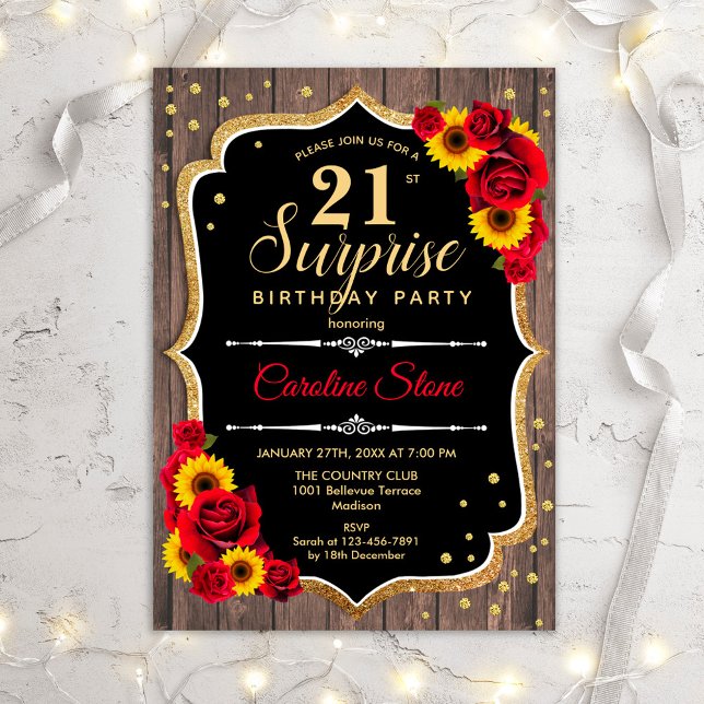 Surprise 21st Birthday - Rustic Wood Sunflowers Invitation (Creator Uploaded)