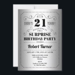 Surprise 21st Birthday - Silver Black Invitation<br><div class="desc">Surprise 21st Birthday Party Invitation. Elegant retro design in silver and black. Features stylish typography font and faux silver foil. Cheers to 21 years! Can be customized to any age. Perfect for a classy adult surprise bday celebration.</div>