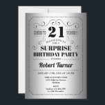 Surprise 21st Birthday - Silver Black Invitation<br><div class="desc">Surprise 21st Birthday Party Invitation. Elegant retro design in silver and black. Features stylish typography font and faux silver foil. Cheers to 21 years! Can be customized to any age. Perfect for a classy adult surprise bday celebration.</div>