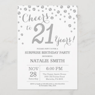 Surprise 21st Birthday Silver Glitter Diamond Invitation