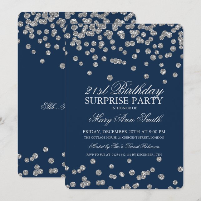 Surprise 21st Birthday Silver Glitter Navy Blue Invitation (Front/Back)