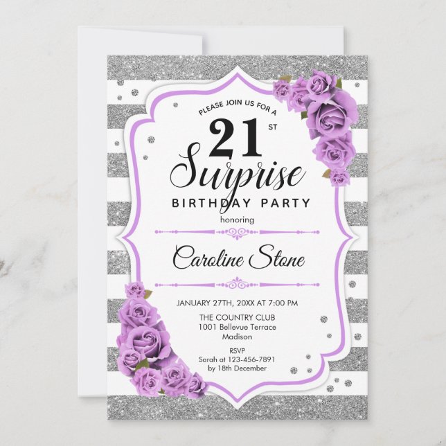 Surprise 21st Birthday - Silver White Purple Invitation (Front)